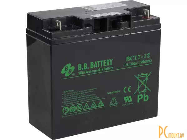 Источник бесперебойного питания аккумулятор B.B. Battery BC17-12, AGM, 12 В, 17 А·ч, макс. ток 255 А, клеммы B1, 181x76x166 мм, 5.62 кг